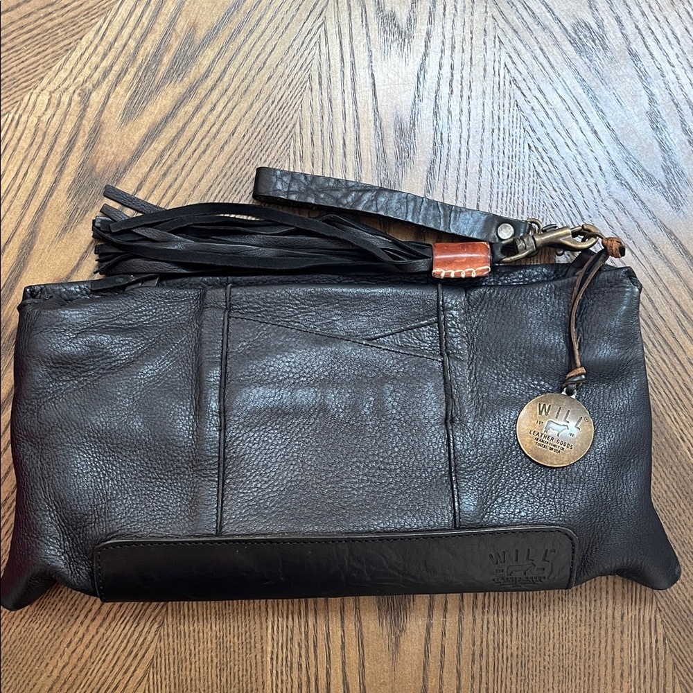 Will Leather Goods Black Leather Tassel Wristlet Clutch. RARE ALL BLACK CLUTCH